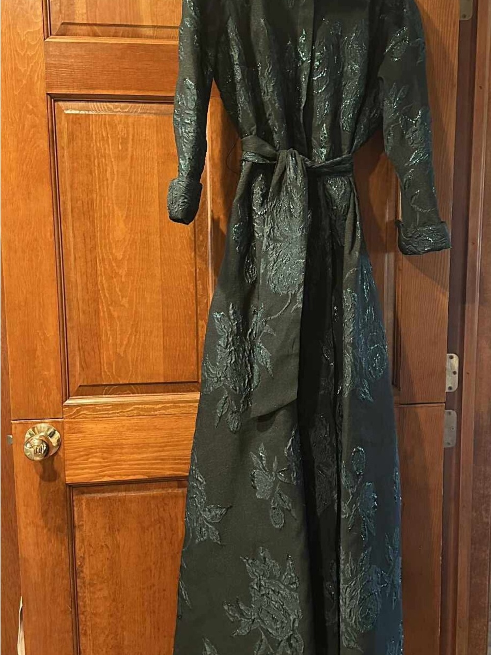 Teri Jon Emerald Floral Jacquard Long Coat Dress